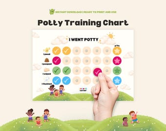 May include: A potty training chart with the text "Potty Training Chart" and "I WENT POTTY". The chart includes checkmarks, stars, and illustrations of children. A hand is placing a checkmark on the chart. The chart is designed for children.