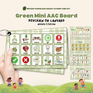 May include: Green Mini AAC Board, keychain or lanyard, approx. 8.4x13.2cm. The board displays communication symbols and phrases, such as "I/me," "want," and "go." Additional panels show a pain scale, emotions, calming techniques, and affirmations.