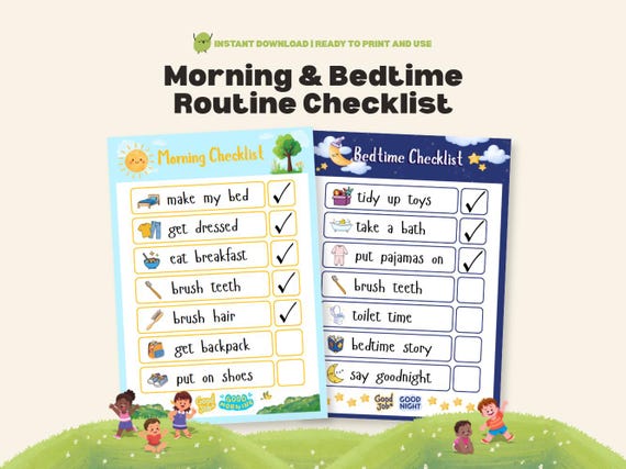 Morning & Bedtime Checklist Kids Visual Schedule Daily Routine Chart Printable ADHD Checklist Responsibility List PDF