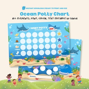 Tabla de entrenamiento para ir al baño con animales marinos: temática oceánica, pegatinas imprimibles (plantilla de Canva, descarga digital)