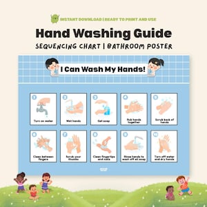 May include: A blue and white "Hand Washing Guide" poster with illustrations of handwashing steps. The poster includes the text "I Can Wash My Hands!" and is designed for a bathroom. The image also includes the text "Instant Download | Ready to Print and Use".