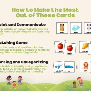 May include: Educational cards with the text "How to Make the Most Out of These Cards". The cards feature images of paint, wipes, markers, apples, mangos, an airplane, a car, a lion, and a shark. The cards are designed for teaching and communication.
