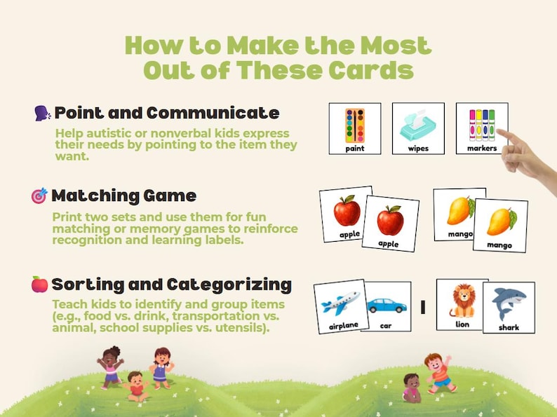 May include: Educational cards with the text "How to Make the Most Out of These Cards". The cards feature images of paint, wipes, markers, apples, mangos, an airplane, a car, a lion, and a shark. The cards are designed for teaching and communication.