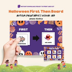 Halloween First Then Chart for Trick or Treat Autism Support Visual Schedule Neurodivergent Nonverbal Visual Aid First Then Board Task Cards