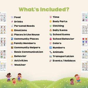 May include: Educational visual aids with the text "What's Included?" and illustrations for various topics like food, emotions, and weather. Includes images of children playing on a grassy hill.