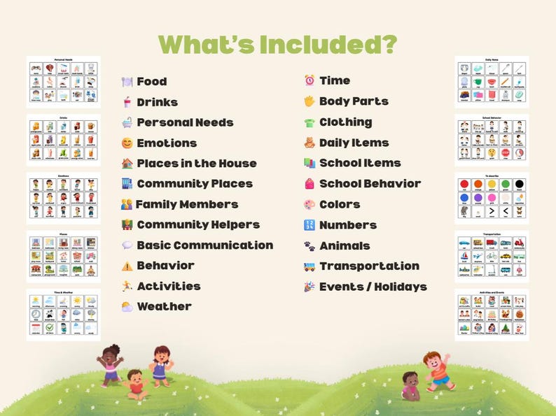 May include: Educational visual aids with the text "What's Included?" and illustrations for various topics like food, emotions, and weather. Includes images of children playing on a grassy hill.