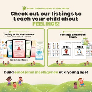Op de afbeelding: Digitale, afdrukbare werkbladen en grafieken om kinderen over gevoelens te leren. De afbeelding bevat Coping Skills Worksheets en een Feelings and Needs Chart. De tekst luidt: "Bekijk onze aanbiedingen om uw kind over GEVOELENS te leren!"