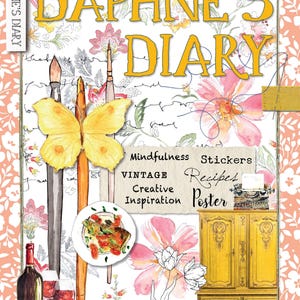 Puede incluir: Una portada de revista "Daphne's Diary" con un diseño floral y de mariposas. La ilustración incluye pinceles, una mariposa y un plato de comida. El texto incluye "Mindfulness", "Recetas" y "Poster".