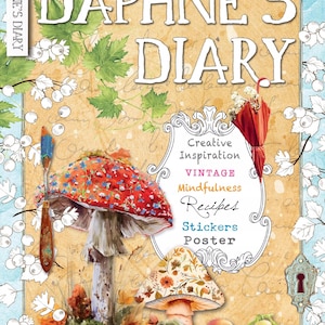 May include: Magazine cover titled "Daphne's Diary" with a whimsical design. Features illustrations of mushrooms, apples, and an umbrella. The cover includes text such as "Creative Inspiration" and "Recipes".