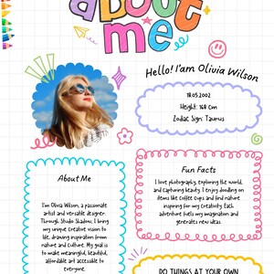 Op de afbeelding: Een kleurrijke scrapbookpagina met de tekst "all about me". Bevat een foto van een vrouw, haar lengte (168 cm) en sterrenbeeld. Bevat ook secties "About Me" en "Fun Facts" met decoratieve randen.