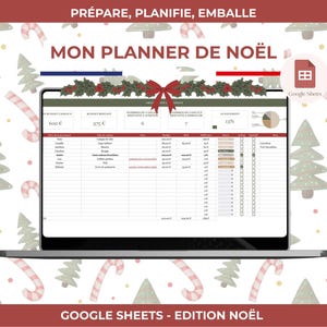 May include: A laptop screen displaying a Christmas planner spreadsheet in Google Sheets. The screen shows a festive design with a red bow, holly, and the text "MON PLANNER DE NOËL". The background features Christmas trees and candy canes.