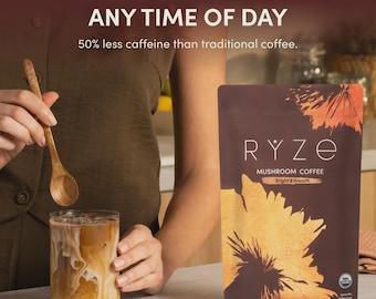 Ryze Brown Mushroom Coffee – Organic Instant Coffee with 6 Adaptogenic Mushrooms for Focus & Energy