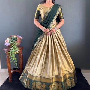 Cotton Woven Saree with Palkhi Border & Georgette Dupatta | Traditional Indian Sari with Heavy Blouse Piece | Saadi for Women | South Indian