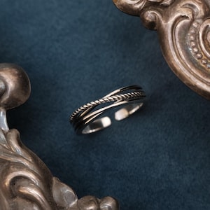 May include: A silver ring with a layered design, including a twisted rope-like texture on one band. The ring is set against a dark blue background, with ornate silver decorative elements in the frame.