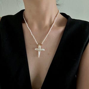 Baroque Pearl Cross Pendant Necklace: Gold Plated Sterling Silver Choker