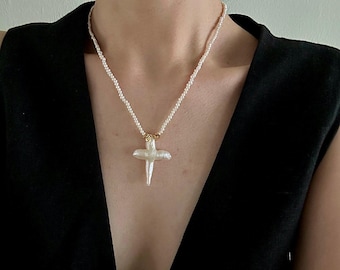 Baroque Pearl Cross Pendant Necklace: Gold Plated Sterling Silver Choker
