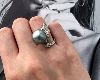 Tahitian Pearl Ring: Sterling Silver Snake Leaf Adjustable Ring