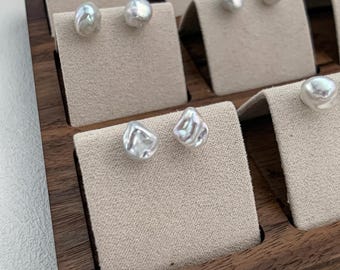 Blue Keshi Pearl Stud Earrings, Aurora Luster, Sterling Silver