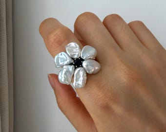 Aurora Baroque Pearl Flower Ring: Sterling Silver S925, Handmade Jewelry