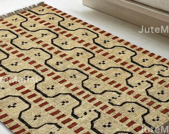 Handwoven Wool Jute Rug, Abstract Tribal Pattern Area Rug, Neutral Beige Red Carpet, Modern Boho Living Room Rug, Rustic Decor