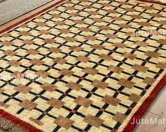 Geometric Wool Jute Rug, Handwoven Checkered Area Rug, Neutral Beige Red Border Carpet, Modern Farmhouse Boho Living Room Rug