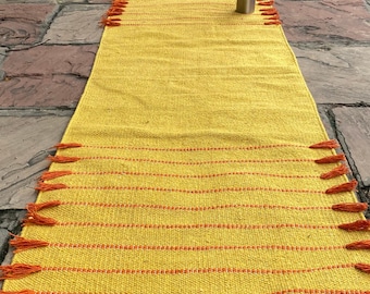 Handwoven Yellow Wool Jute Rug, Geometric Design