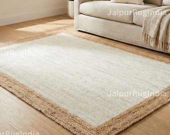Handmade White Jute Rug, Natural Border, Modern Area Rug