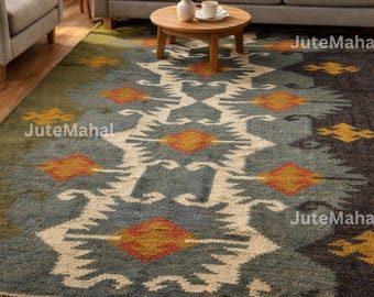 Handwoven Wool Jute Kilim Rug, Tribal Geometric Runner, Rustic Farmhouse Decor