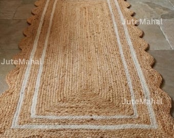 Scalloped Jute Area Rug, Hand Braided Boho Rug, Natural Fiber Round Carpet for Living Room & Bedroom Decor