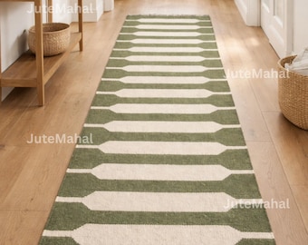 Handwoven Wool Jute Kilim Rug – Green Striped Flatweave, Scandinavian Boho Decor