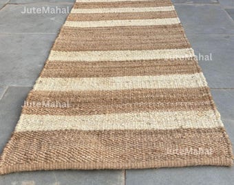 Natural Striped Runner, Jute Wool Hallway Rug, Cream Boho Entryway Carpet, Minimalist Farmhouse Kitchen Mat Gift