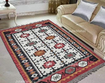 Vintage Wool Jute Kilim Rug, Handwoven Wool and Jute Rug Handmade, Kilim Dhurrie Rug, Traditional Indian jute Area rug