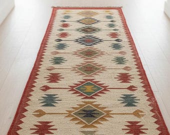 Handwoven Wool Jute Kilim Rug - Southwestern Tribal Area Rug - Colorful Geometric Boho Runner - Durable Entryway Carpet - Custom Size Rug