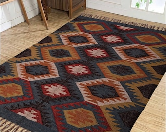 Boho Kilim Rug, Handwoven Area Rug, Wool Jute Carpet, Vintage Style Decor Rug, Living Room Bedroom Rug, Gift for Mom