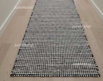 Handwoven Jute Hemp Runner Rug, Black White Geometric Boho Style Mat
