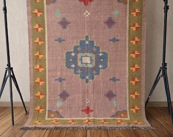 Pink Green Southwestern Rug, Handwoven Wool Jute Rug, Boho Geometric Tribal Rug, Farmhouse Living Room Accent Rug, Vintage Custom Size Rug