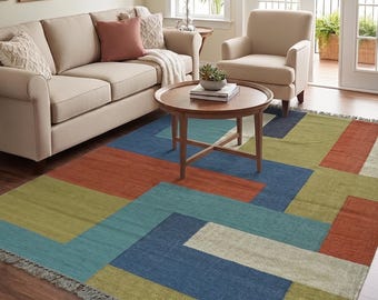 Handwoven Wool Jute Kilim Rug, Boho Tribal Area Carpet, Living Room Home Décor