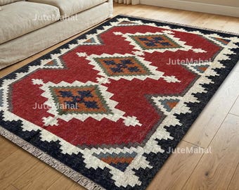Handwoven Wool Jute Rug Red Tribal Area Rug Boho Geometric Carpet Living Room Bedroom Decor Handmade Kilim Style Rug Custom Size