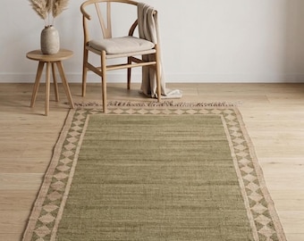 Handmade Green Wool Jute Rug, Modern Farmhouse Area Rug, Boho Kilim Rug, Handwoven Geometric Carpet, Living Room Dining Room Rug, Jute Rugs