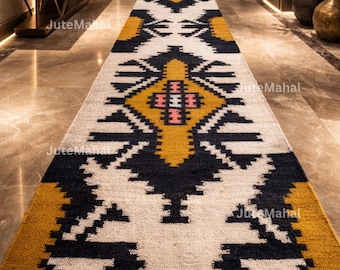 Handwoven Wool Jute Kilim Runner - Traditional Southwestern Tribal Rug - Boho Hallway Carpet - Custom Size Turkish Style Runner