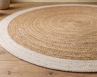 Round Jute Rug with White Border - Braided Circular Area Rug - Boho Minimalist Nursery Mat - Handwoven Natural Fiber Carpet - Custom Size