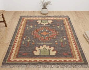 6x9Ft, 8x10Ft , Handwoven Wool Jute Kilim Rug, Geometric Boho Area Rug, Handmade Natural Fiber Carpet for Living Room Bedroom Decor