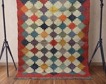 Handmade Kilim Rug Green, Tribal Geometric Wool Rug, Red Border Flatweave Carpet, Bohemian Area Rug, Custom Size Rug
