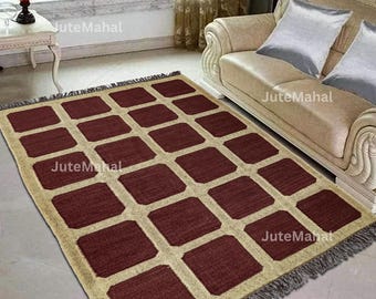 Modern Checkered Wool Jute Rug, Maroon Beige Grid Area Rug Minimalist Living Room Carpet, Handmade Natural Fiber Rug Contemporary Home Decor