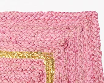Handwoven Pink Jute Rug with Gold Border, Natural Fiber Area Rug, Minimalist Bedroom Rug, Aesthetic Home Decor Carpet, Handmade Jute Mat