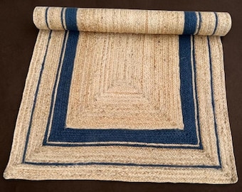 Handwoven Jute Rug with Navy Blue Border,Natural Fiber Area Rug, Coastal Living Room Carpet,Minimalist Farmhouse Decor Rug,Handmade Jute Mat