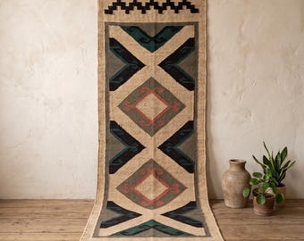 Handwoven Wool Jute Kilim Runner Rug Modern Geometric Design Dhurrie Rug Vintage Southwestern Runner-Rug Custom Size Rug