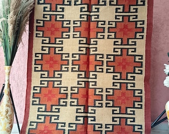 Handwoven Geometric Dhurrie Rug [Size], Boho Southwestern Terracotta Area Rug, Rust Red and Beige Tribal Kilim Rug, Cotton Jute Carpet