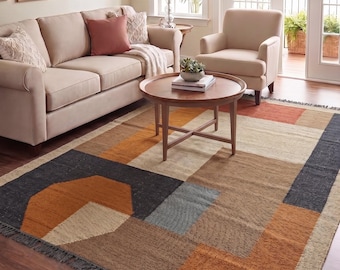 Handwoven Wool Jute Kilim Rug, Vintage Home Decor, Custom Size