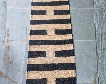 Hemp Jute Runner Rug, Handwoven Striped Hallway Rug, Natural Fiber Carpet, Black Beige Minimalist Runner, Entryway Kitchen Rug